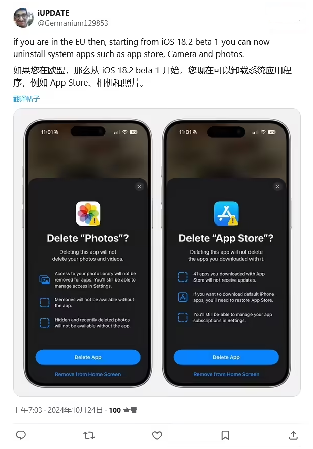 中卫苹果手机维修分享iOS 18.2 支持删除 App Store 应用商店 