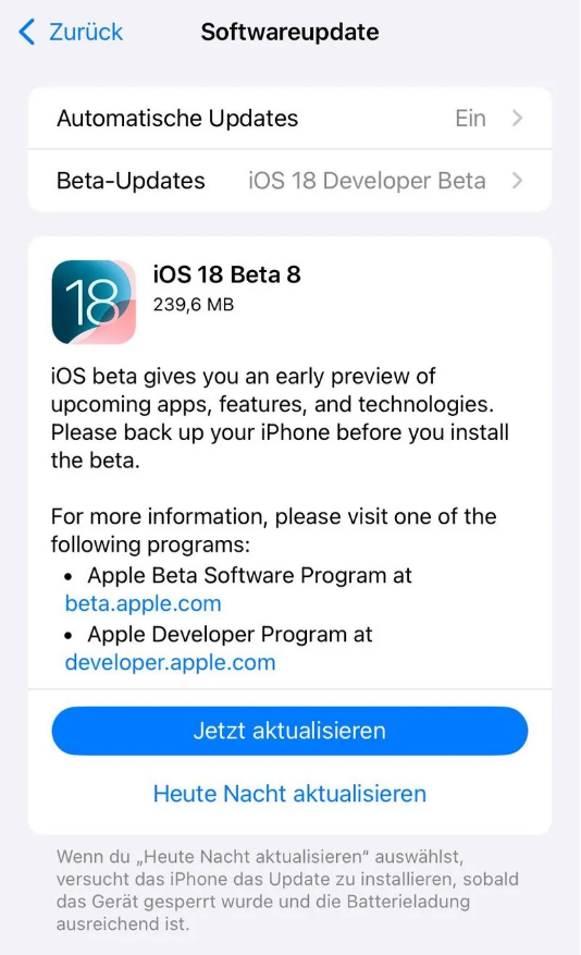 中卫苹果手机维修分享苹果 iOS / iPadOS 18 开发者预览版 Beta 8 发布 